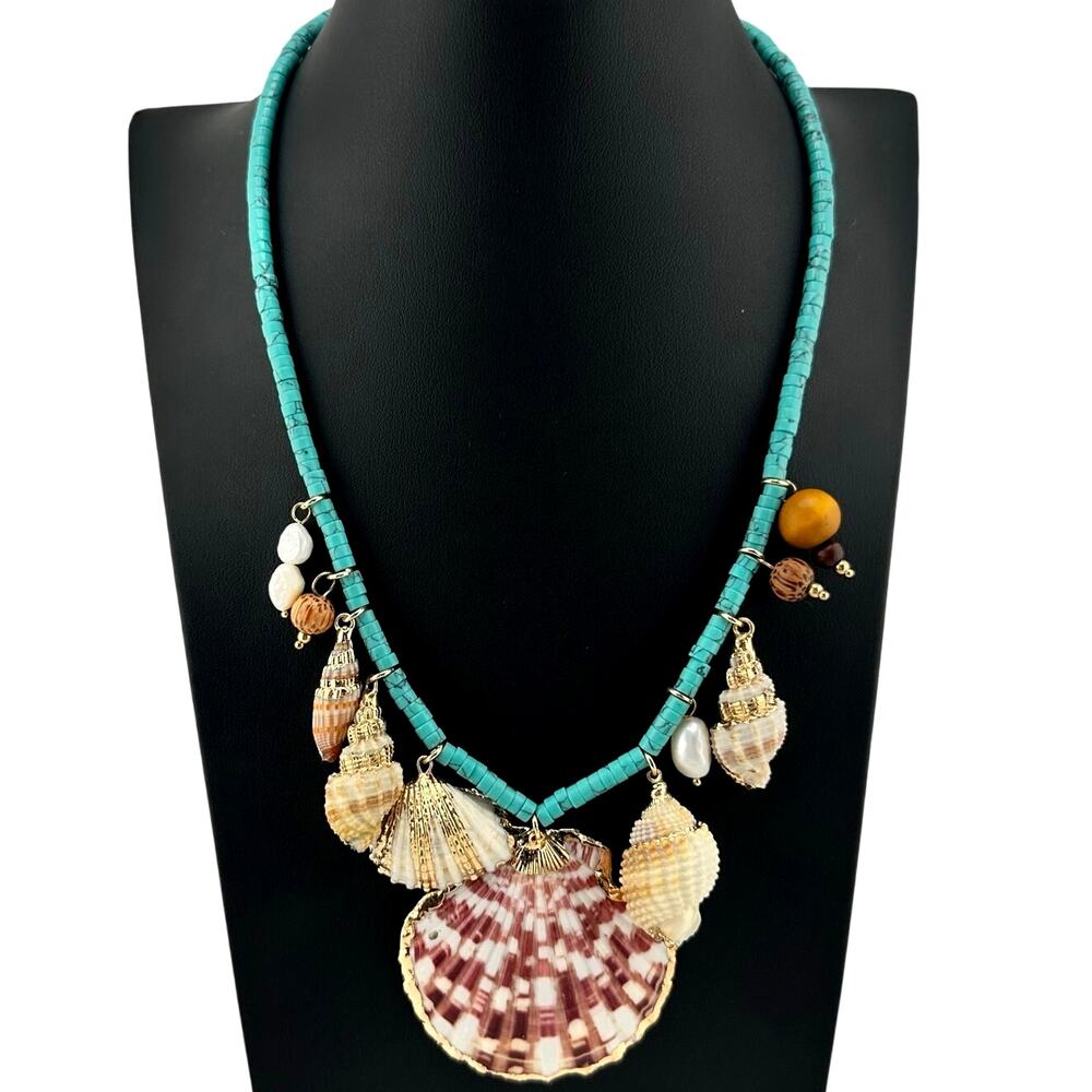 Freshwater Pearl Real Shells Gilded Edges Charms Ocean Beach Heshi 21" Necklace